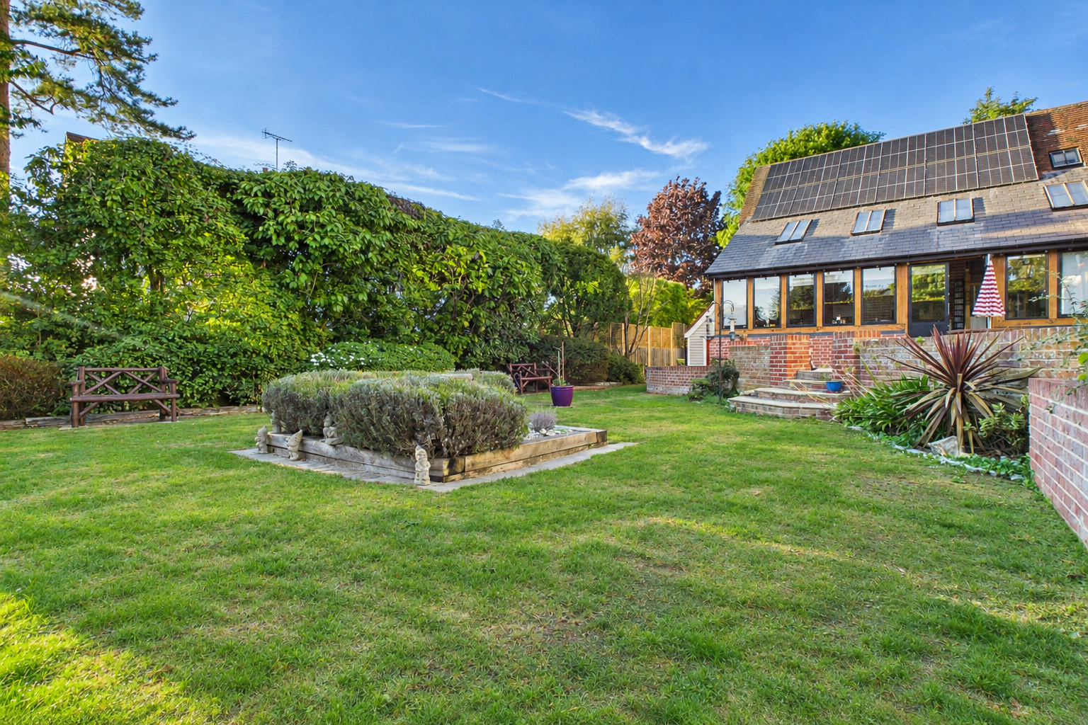 Lush Suburban Garden Under Blue Skies