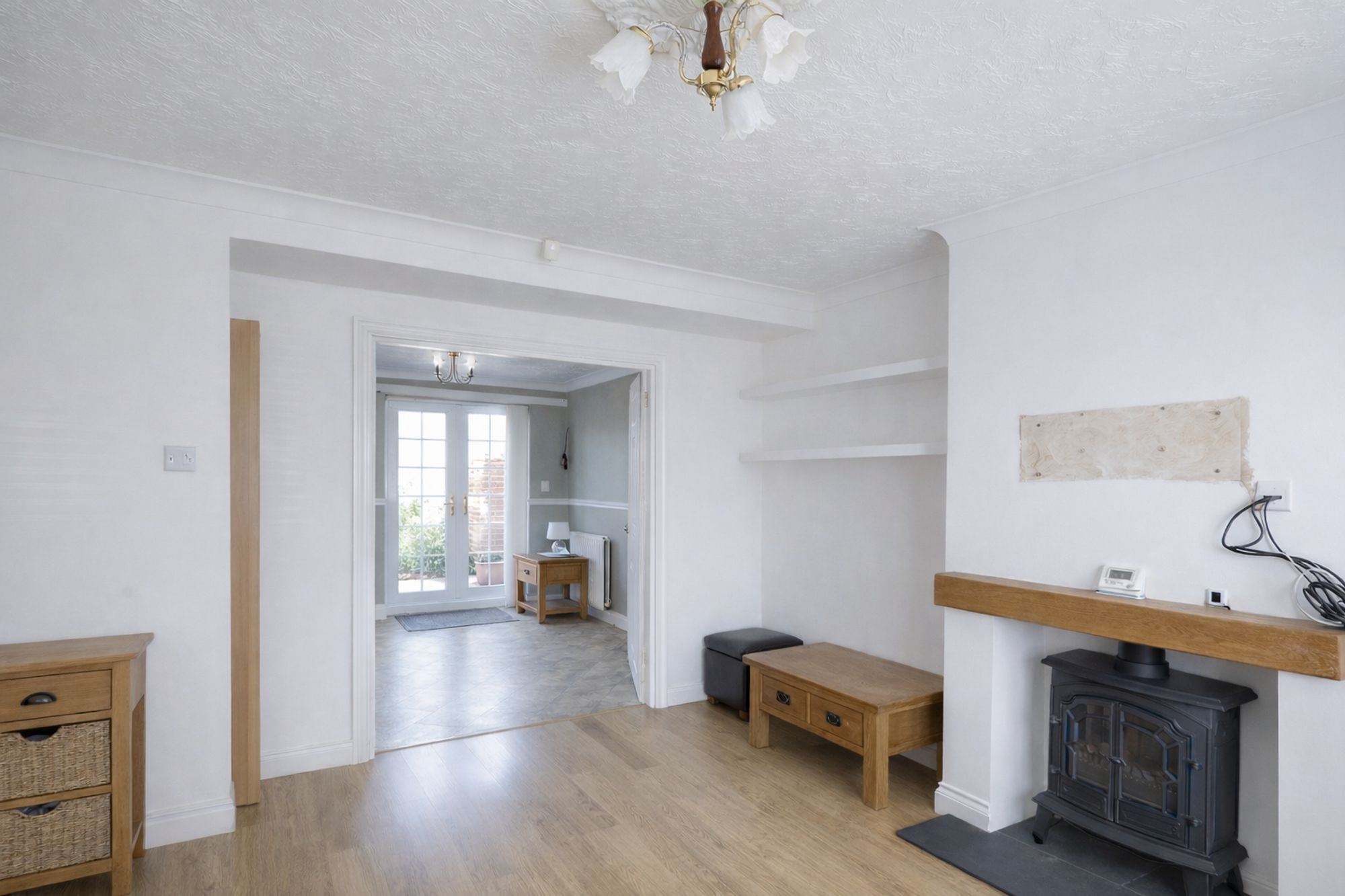 Bright living room with oak accents