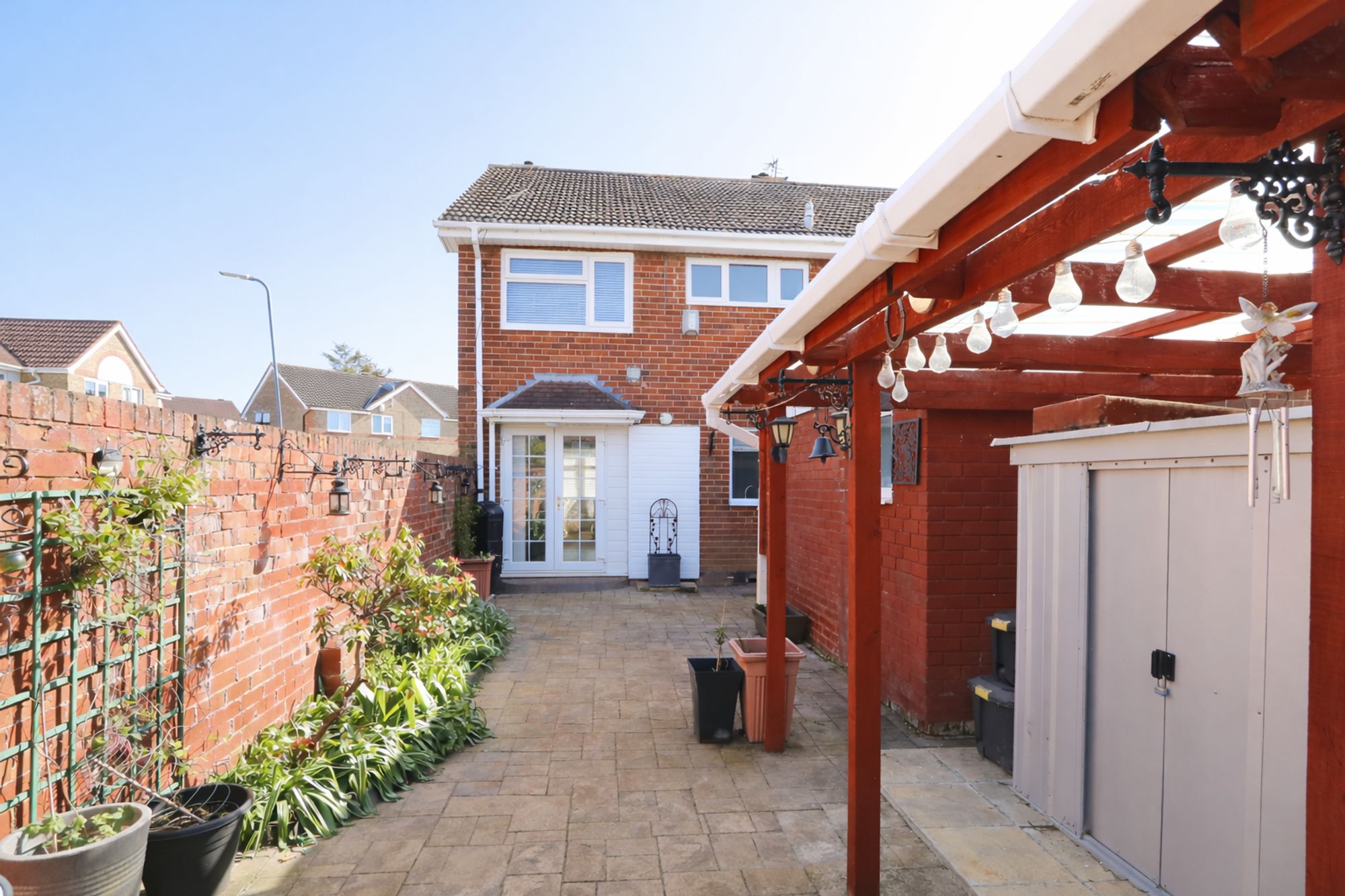 Sunny backyard with pergola and plants