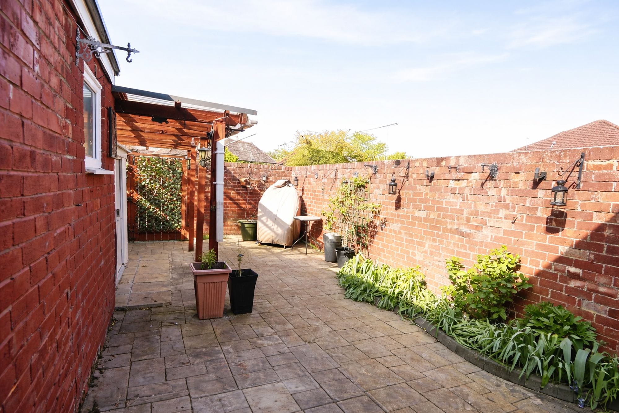 Sunny backyard patio with pergola